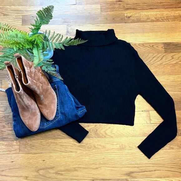 stitch drop Sweaters - Stitch Drop Womens Large Black Ribbed Knit Turtle Neck Long Sleeve Crop Sweater